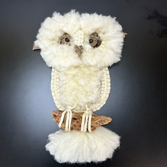 Vtg Ivory Snowy Owl Soft Macrame & Natural Wood Wall Hanging Decoration 70s Boho - Picture 11 of 11